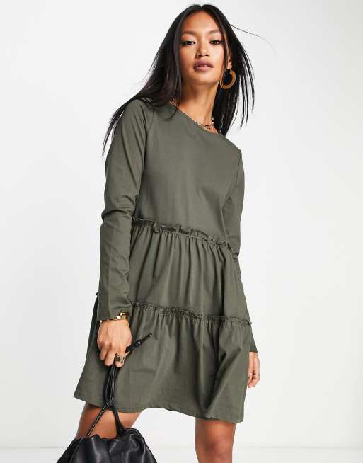 River Island long sleeve tiered smock mini T-shirt dress in khaki | ASOS