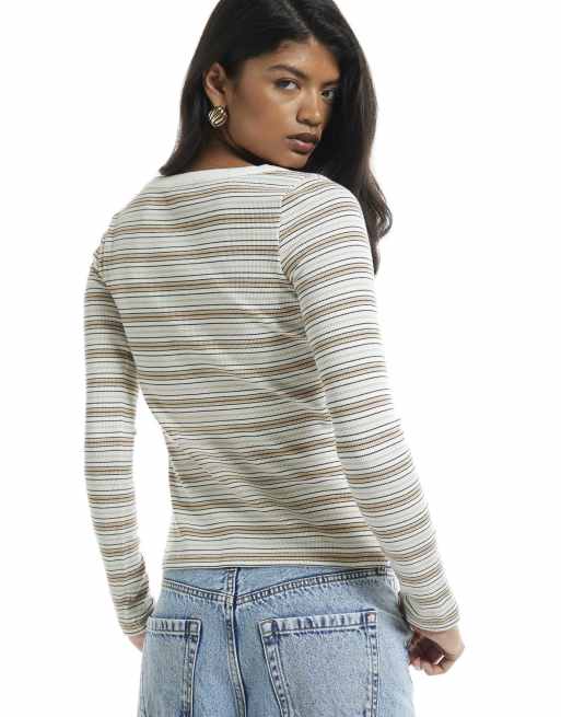 River Island Long sleeve v neck stripe henley top in beige, 4 of 4