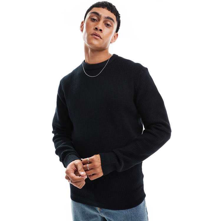 River Island long sleeve waffle knit jumper in black ASOS
