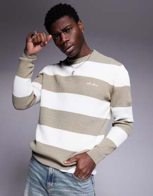 River Island long sleeve waffle striped crew jumper in stone-Neutral