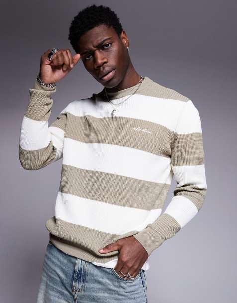 River Island long sleeve waffle striped crew jumper in stone - view 1