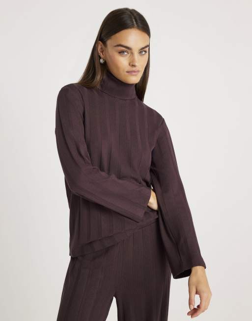 River Island Long sleeve wide ribbed top in brown - dark