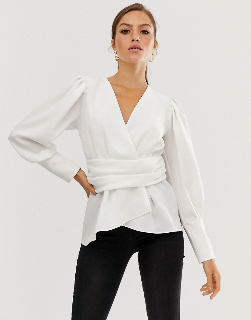 River Island long sleeve wrap blouse in white