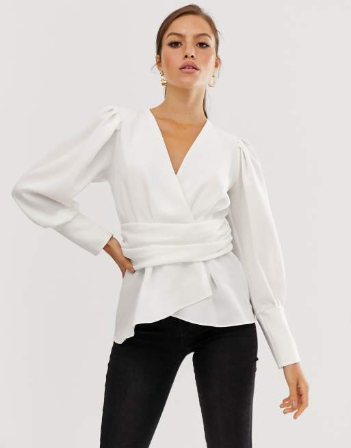 white wrap blouse long sleeve