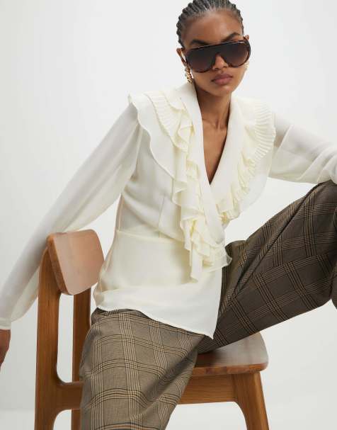 River Island Long sleeve wrap ruffle blouse in cream - view 1