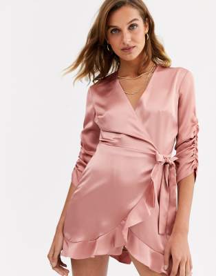 pink long sleeve satin dress