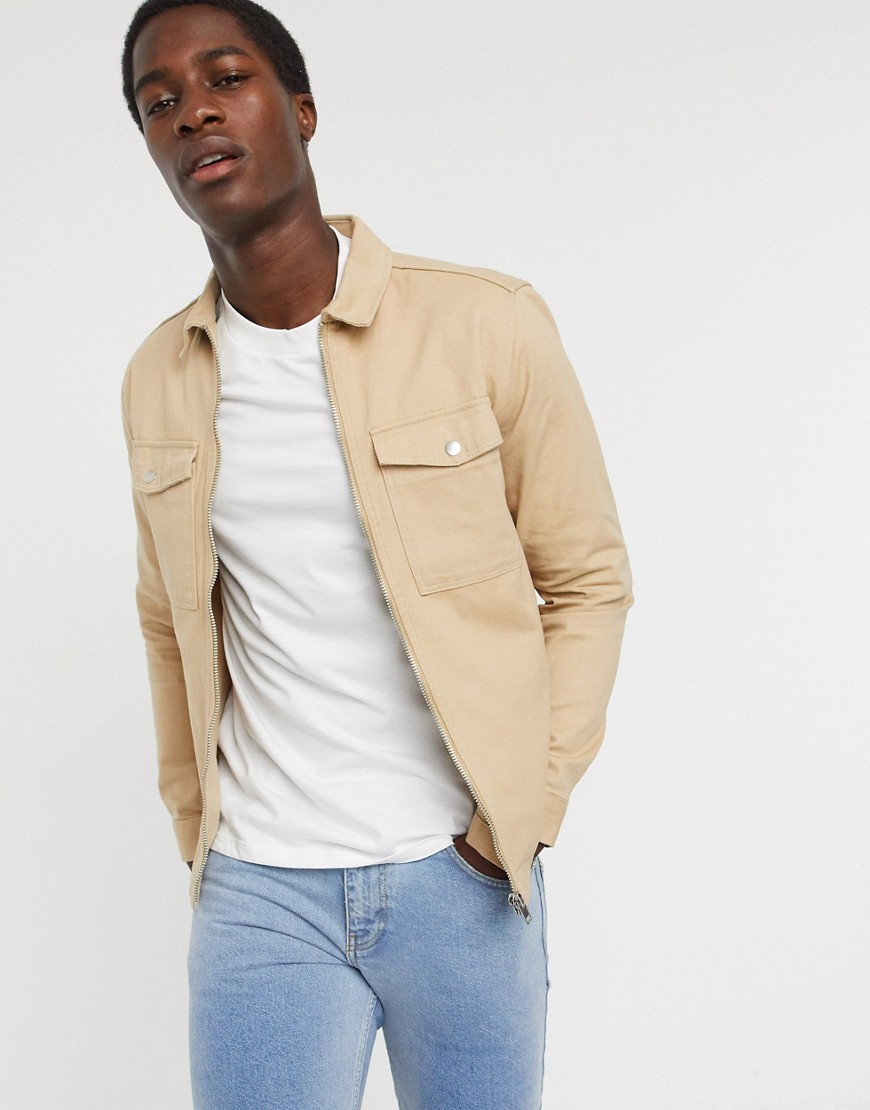 River Island long sleeve zip-front overshirt in stone-Neutral