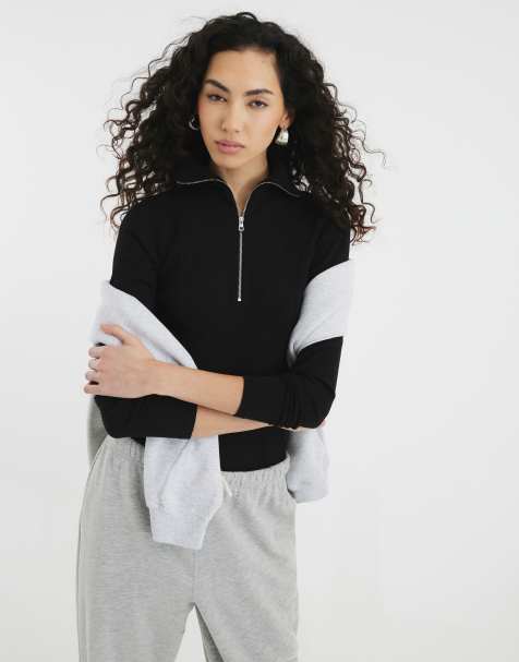 River Island long sleeve zip front ribbed top in black - view 1