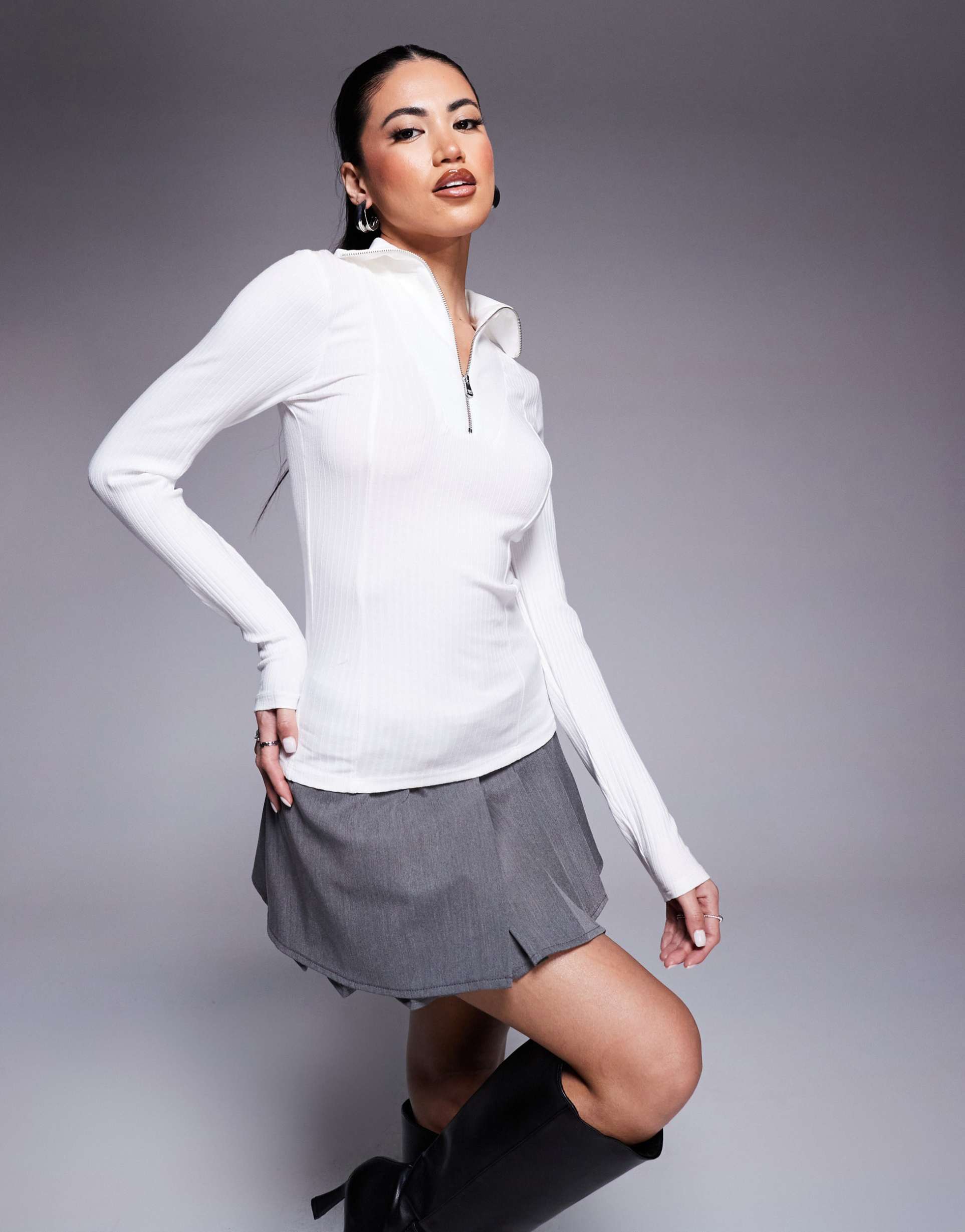 river island long sleeve zip front ribbed top in white