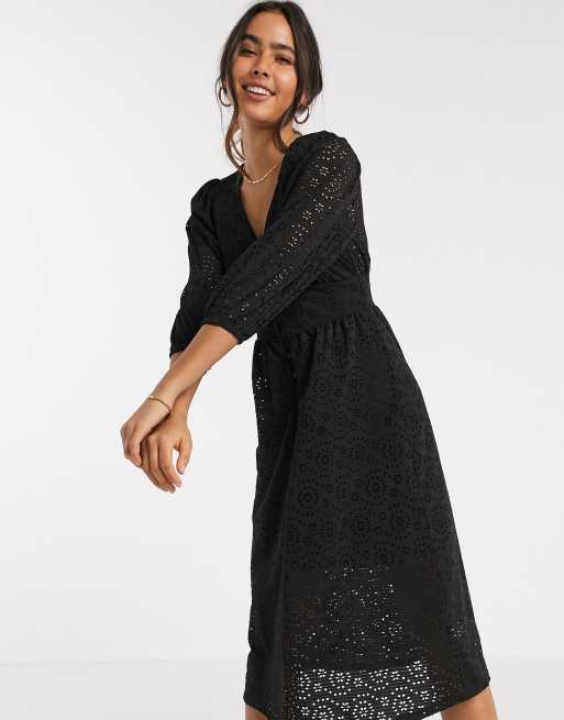 River Island long sleeved broderie midi dress in black