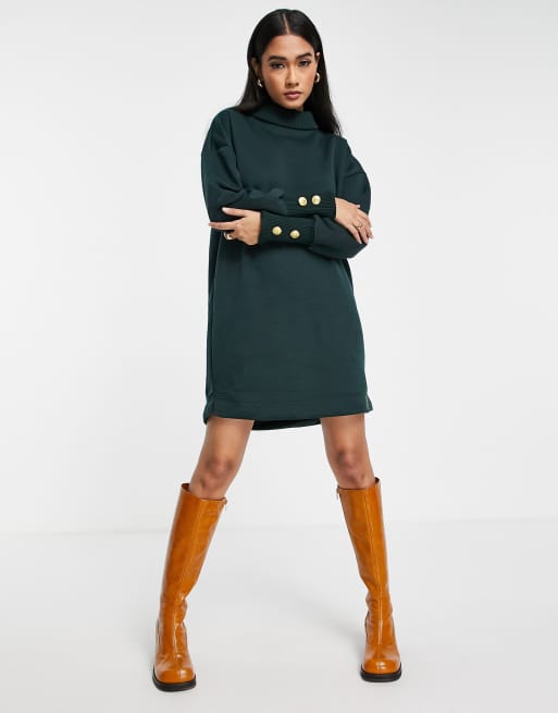 River Island long sleeved button cuff sweatshirt dress in khaki