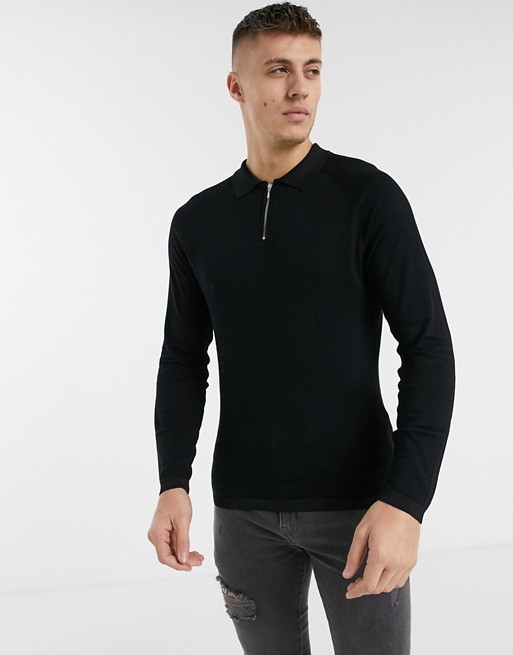 River Island long sleeved knitted polo in black