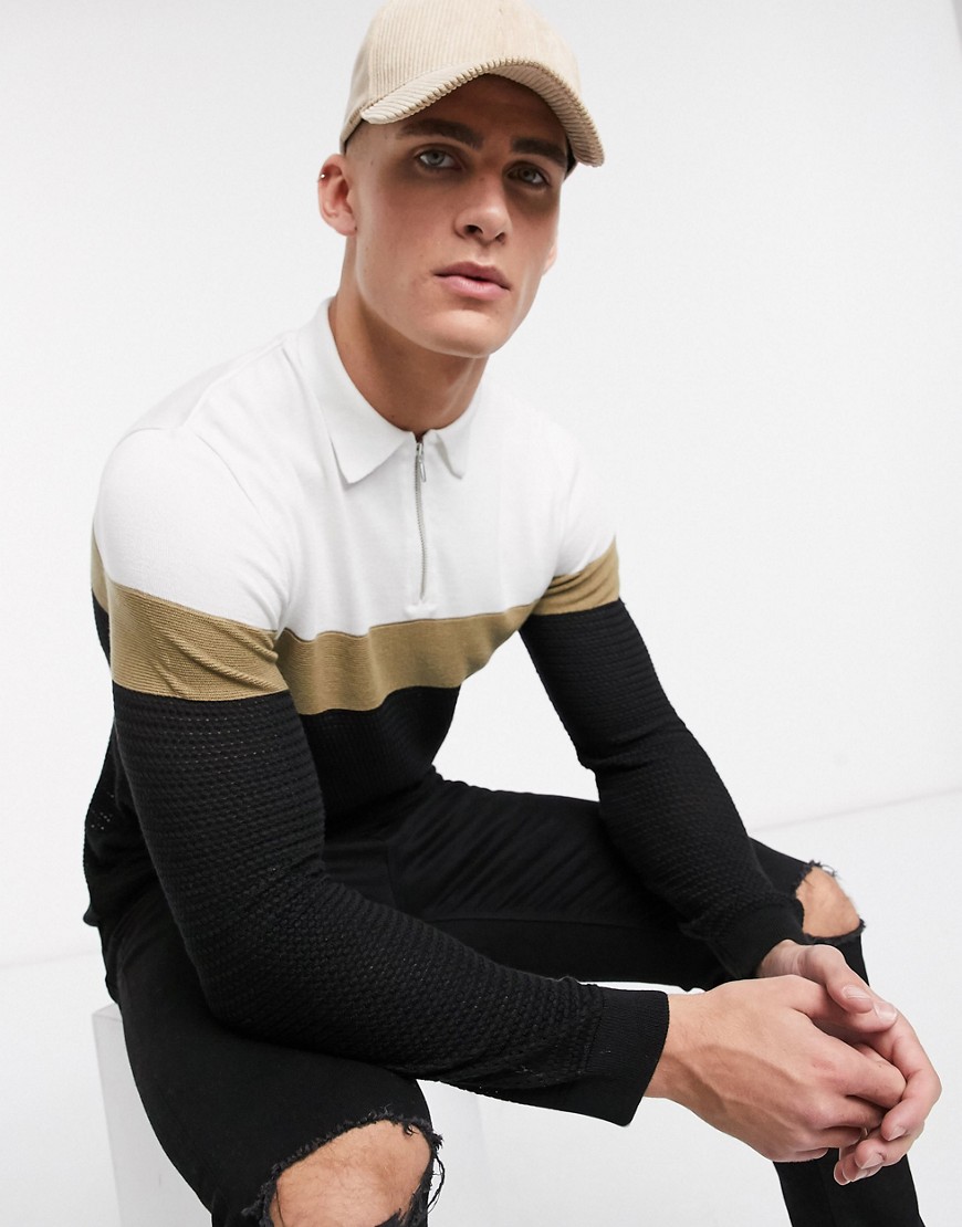 River Island long sleeved knitted polo in color block-Black