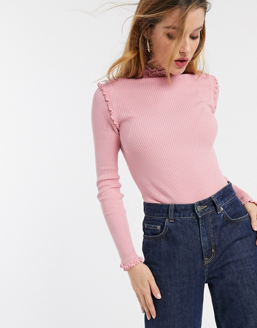 River Island long sleeved lettuce edge t-shirt in pink