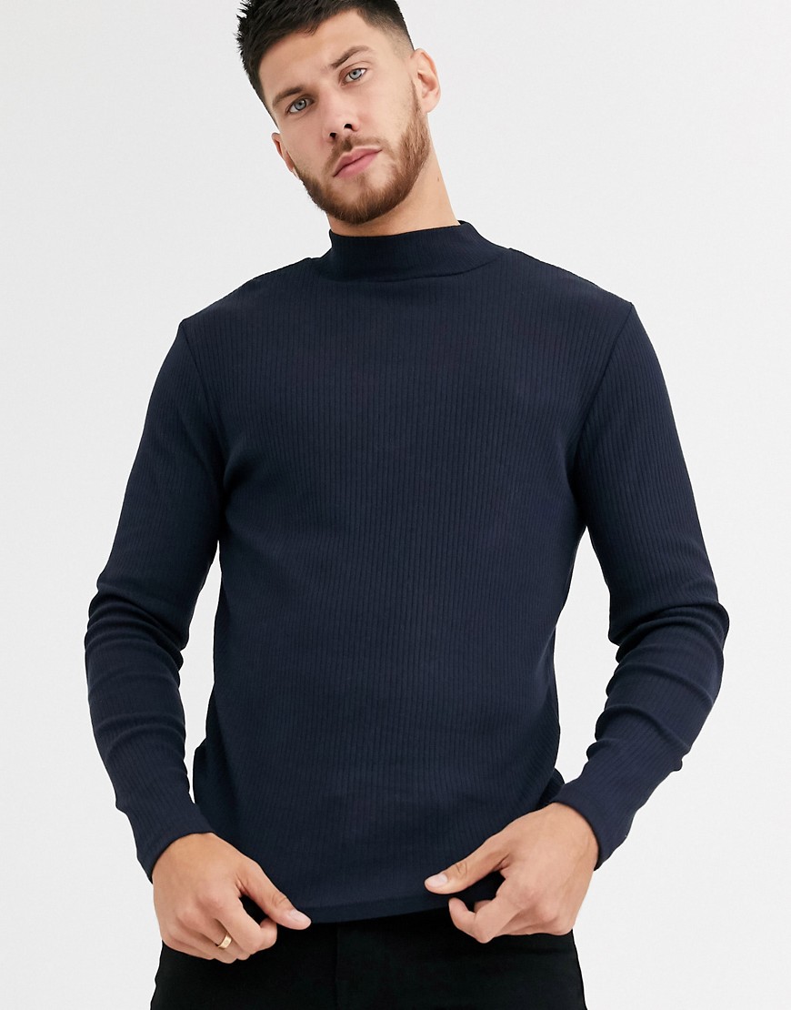 River Island long sleeved ribbed turtle neck t-shirt in navy