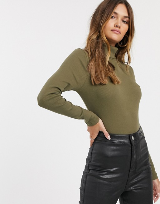 River Island long sleeved roll neck top in khaki | ASOS