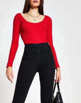 red scoop neck top