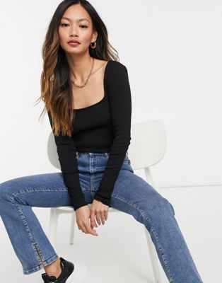 River Island long sleeved square neck top in black | ASOS