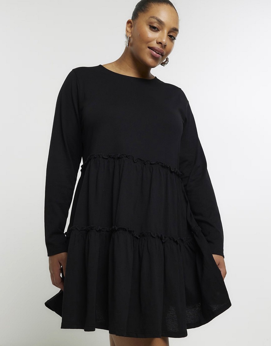 River Island Long Sleeved Tiered Smock Mini Dress In Black