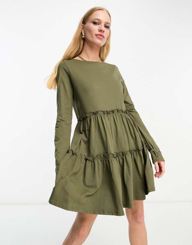 River Island long sleeved tiered smock mini dress in khaki