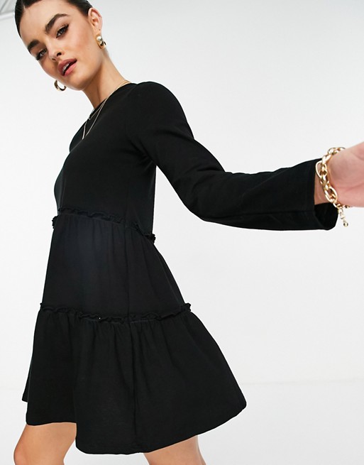 River Island long sleeved tiered smock mini t-shirt dress in black