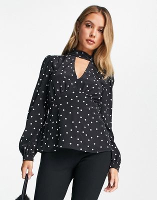 River Island long sleeved wrap blouse in black polka dot - ASOS Price Checker