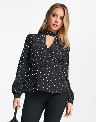 River Island Long Sleeved Wrap Blouse In Black Polka Dot