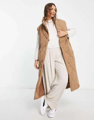 River Island longline cocoon padded gilet in light brown | ASOS