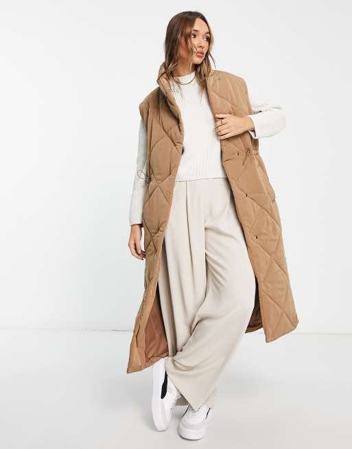 River Island longline cocoon padded vest in light brown