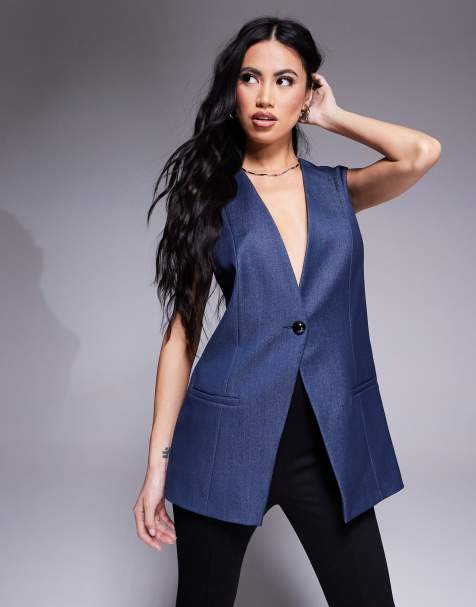 River Island longline denim waistcoat in midwash blue - view 1