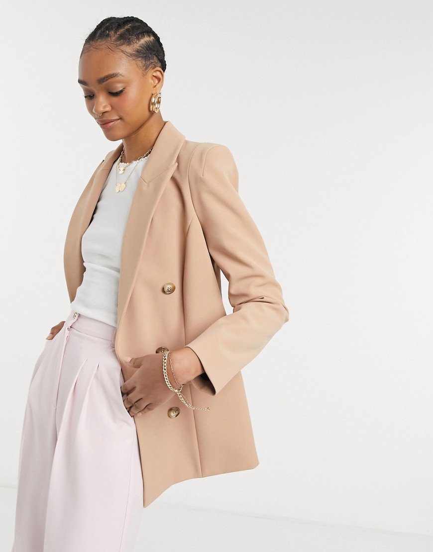 River Island longline double breasted set blazer in camel-Brown