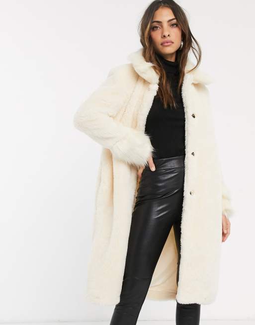 River Island longline faux fur coat in cream | ASOS