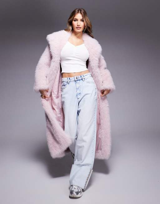 River Island longline faux fur coat in light pink ASOS