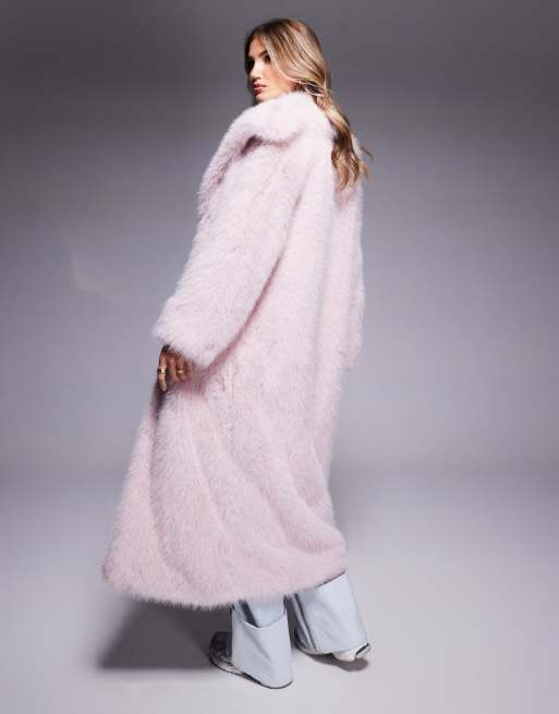 River Island longline faux fur coat in light pink ASOS