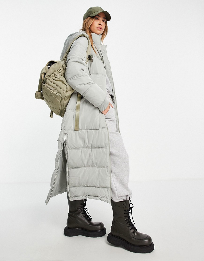 River Island longline padded coat with hood in gray-Grey