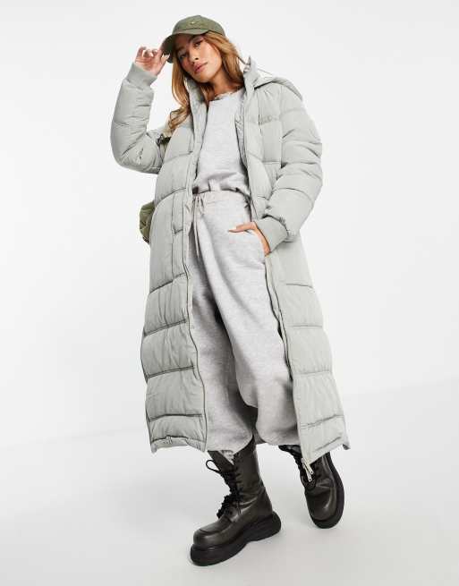 River Island longline padded coat with hood in gray ASOS