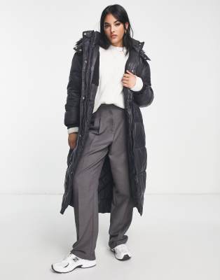 River Island longline puffer coat with hood in black