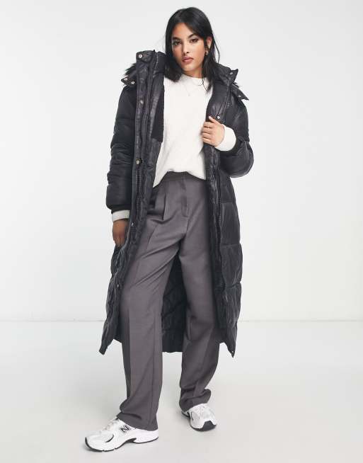 River Island longline puffer coat with hood in black | ASOS