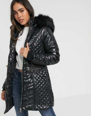 grey quilted coat with fur hood