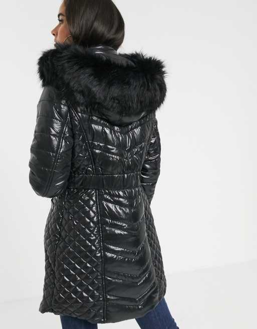 River Island Longline Padded Jacket With Faux-fur Hood in Black