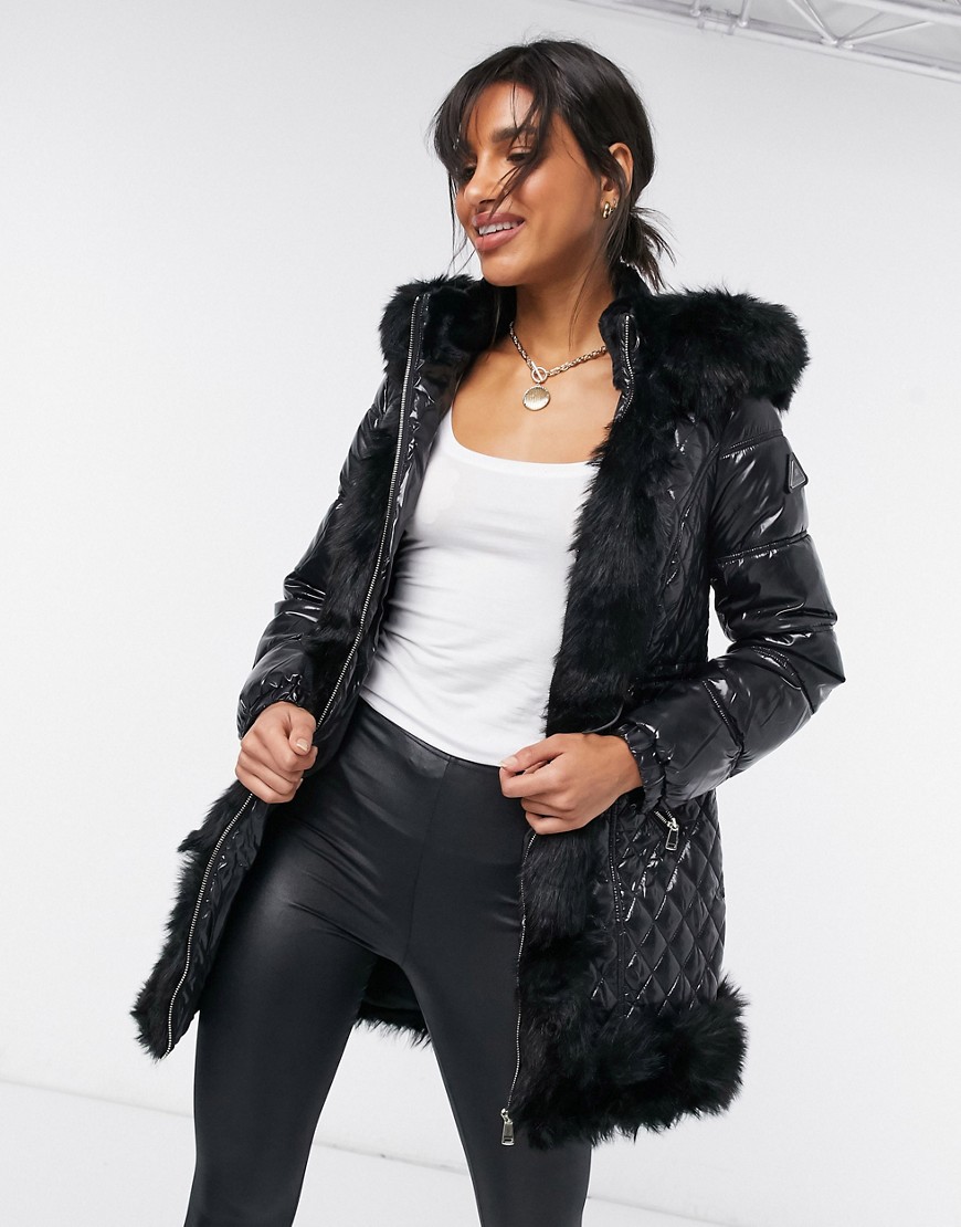 River Island longline shiny quilted faux fur trim coat in black