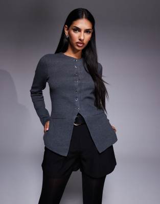 River Island - Longline-Strickjacke in Dunkelgrau