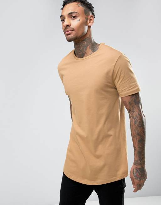 River Island Longline T-Shirt With Curved Hem In Camel