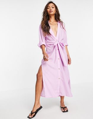 River Island longline tie front shirt dress in lilac