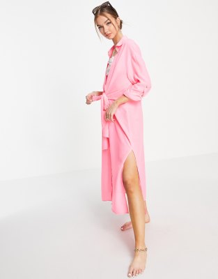 River Island longline tie front shirt dress in pink | ASOS