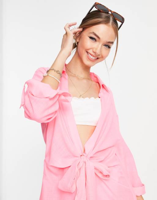 River Island longline tie front shirt dress in pink | ASOS