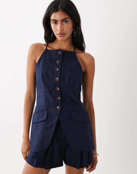 River Island – Longline-Weste aus Leinenmix in Marineblau - view 1