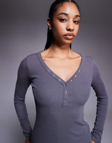 River Island longsleeve popper ribbed top in grey - view 1