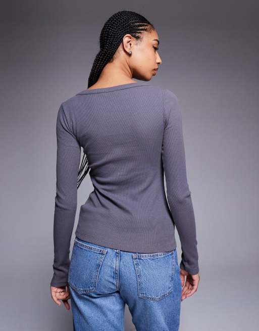 River Island longsleeve popper ribbed top in grey, 2 of 4