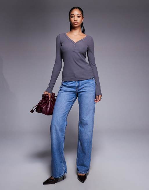 River Island longsleeve popper ribbed top in grey, 3 of 4
